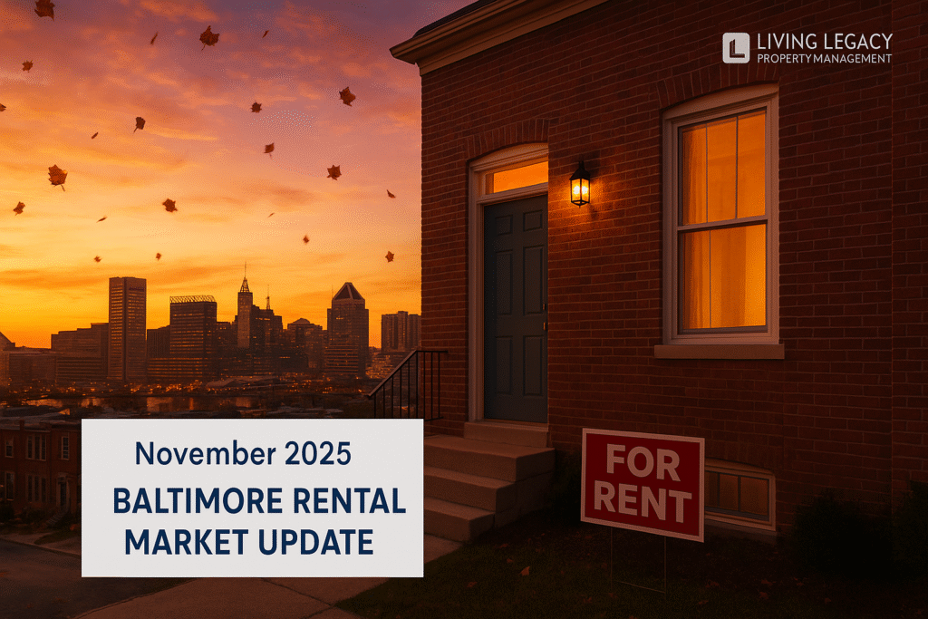 November 2025 Baltimore Rental Market Update - skyline with autumn leaves and renovated rowhome