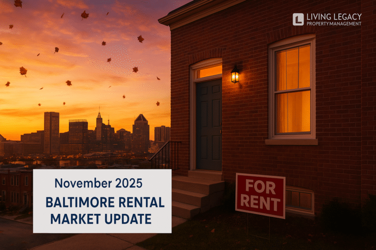 November 2025 Baltimore Rental Market Update - skyline with autumn leaves and renovated rowhome