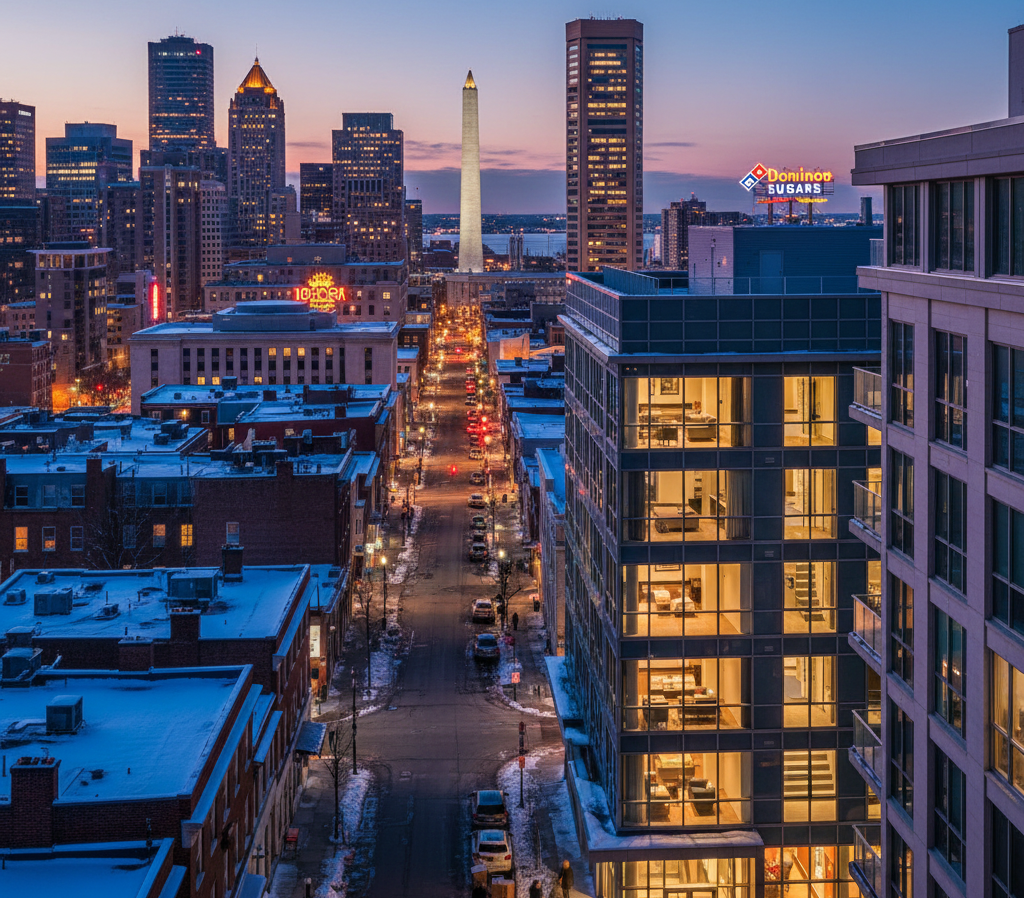 Baltimore cityscape in January with modern apartment building in foreground